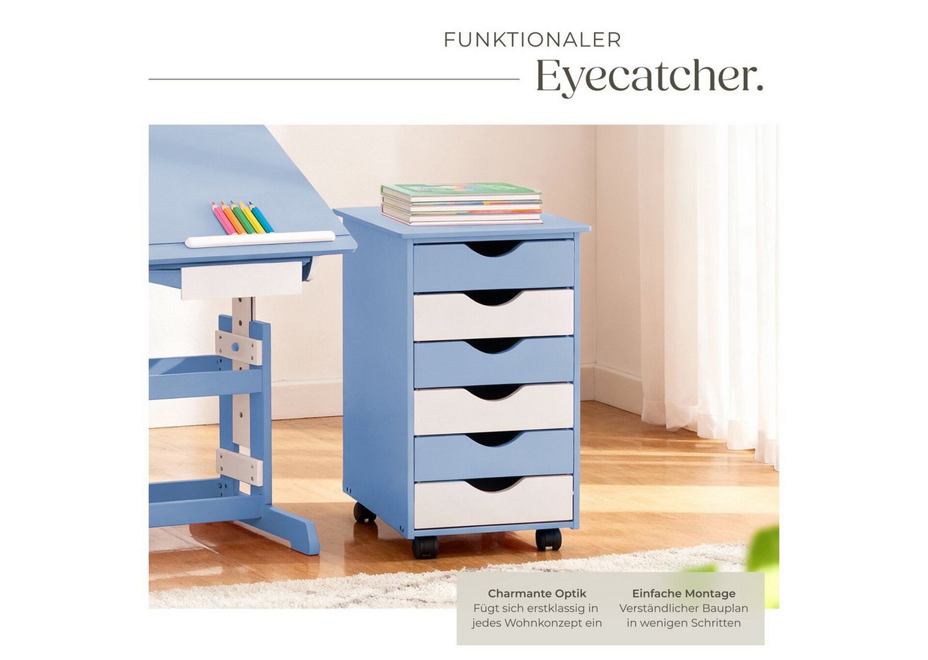 tectake Rollcontainer Schreibtischcontainer 36 x 40 x 65 cm aus Holz, einfache Montage, (Bürokommode, in blau), 4 leichtgängige drehbare Doppelrollen, 6 Schubla – Bild 4 von 5
