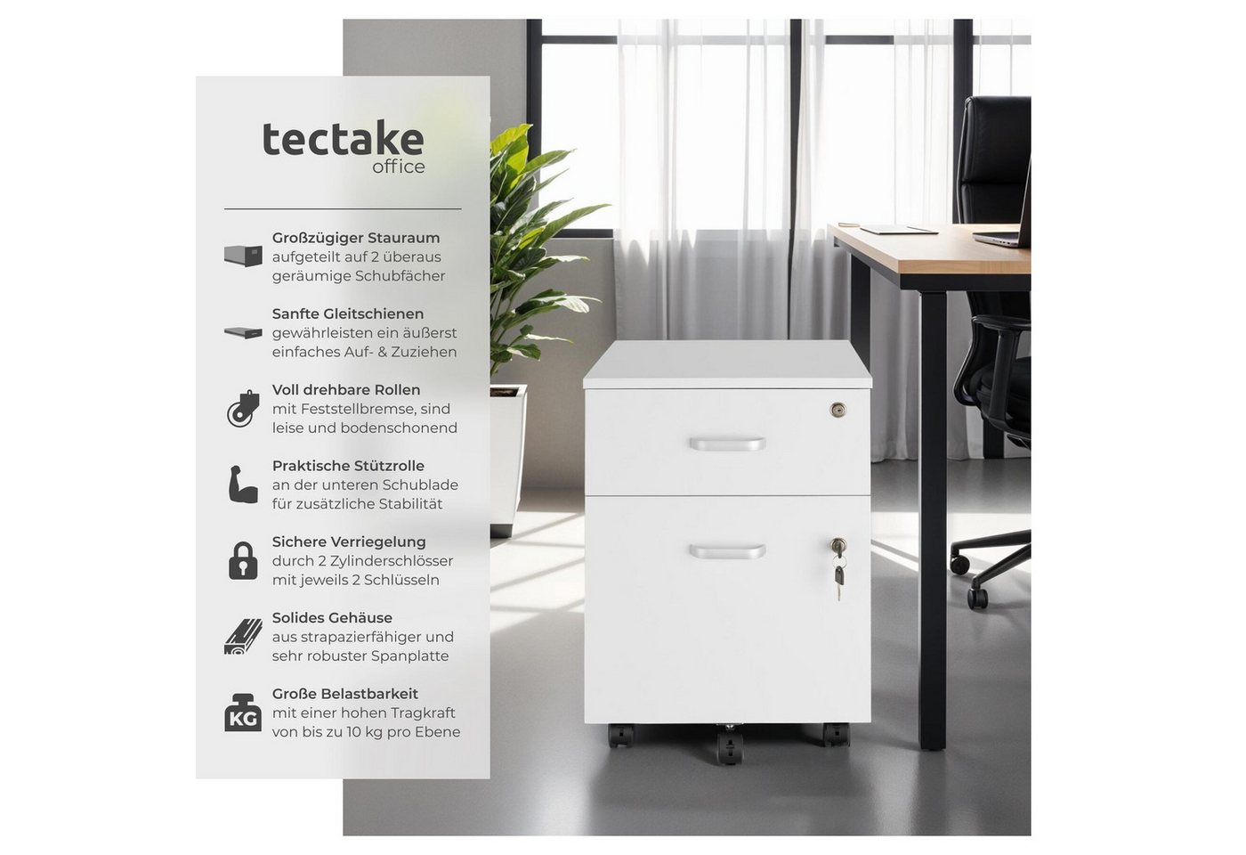 tectake Rollcontainer Schreibtischunterschrank, 40 x 44 x 54,5 cm, abschließbar, kratzfest, (Aktenschrank Vagur, in weiß), 2 A4-Schubladen, Ersatzschlüssel, 5 g – Bild 2 von 5