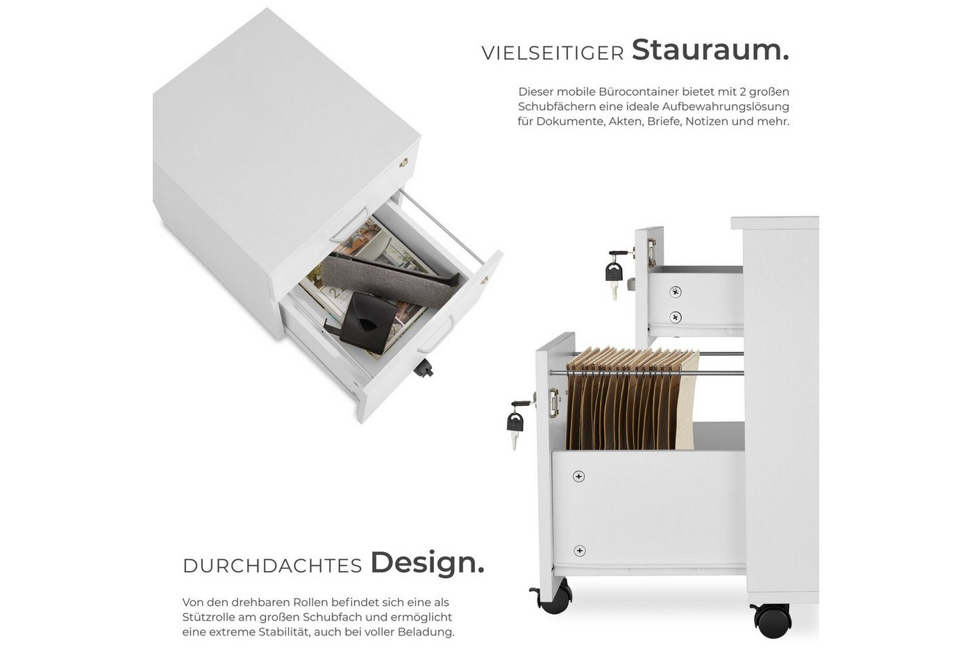 tectake Rollcontainer Schreibtischunterschrank, 40 x 44 x 54,5 cm, abschließbar, kratzfest, (Aktenschrank Vagur, in weiß), 2 A4-Schubladen, Ersatzschlüssel, 5 g – Bild 3 von 5