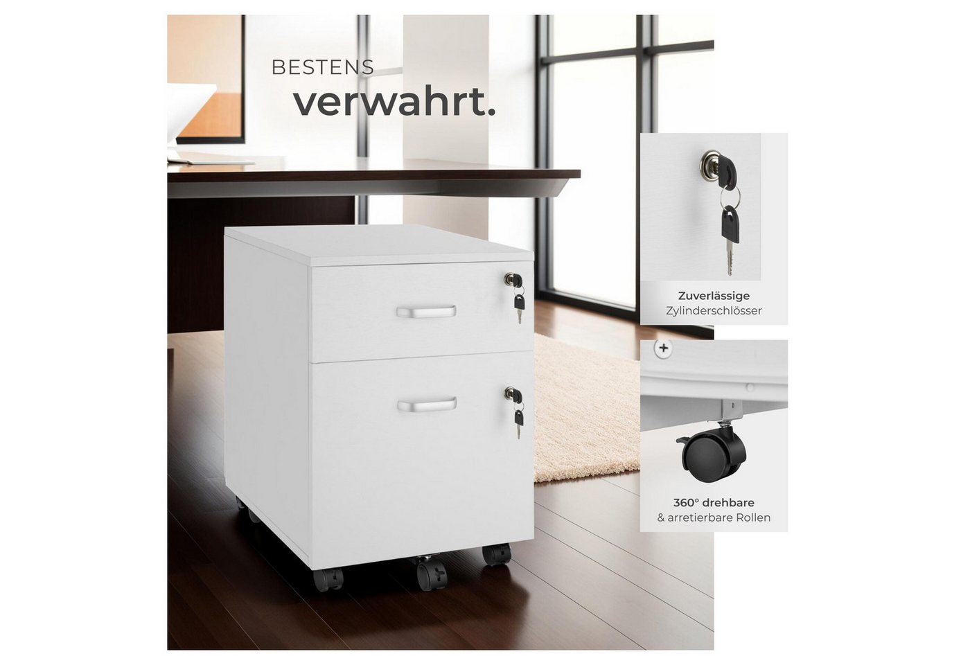 tectake Rollcontainer Schreibtischunterschrank, 40 x 44 x 54,5 cm, abschließbar, kratzfest, (Aktenschrank Vagur, in weiß), 2 A4-Schubladen, Ersatzschlüssel, 5 g – Bild 4 von 5