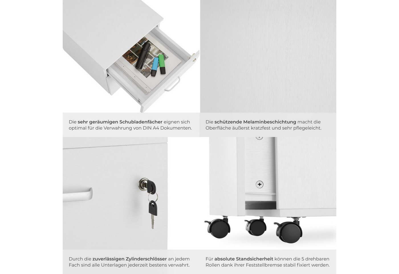 tectake Rollcontainer Schreibtischunterschrank, 40 x 44 x 54,5 cm, abschließbar, kratzfest, (Aktenschrank Vagur, in weiß), 2 A4-Schubladen, Ersatzschlüssel, 5 g – Bild 5 von 5