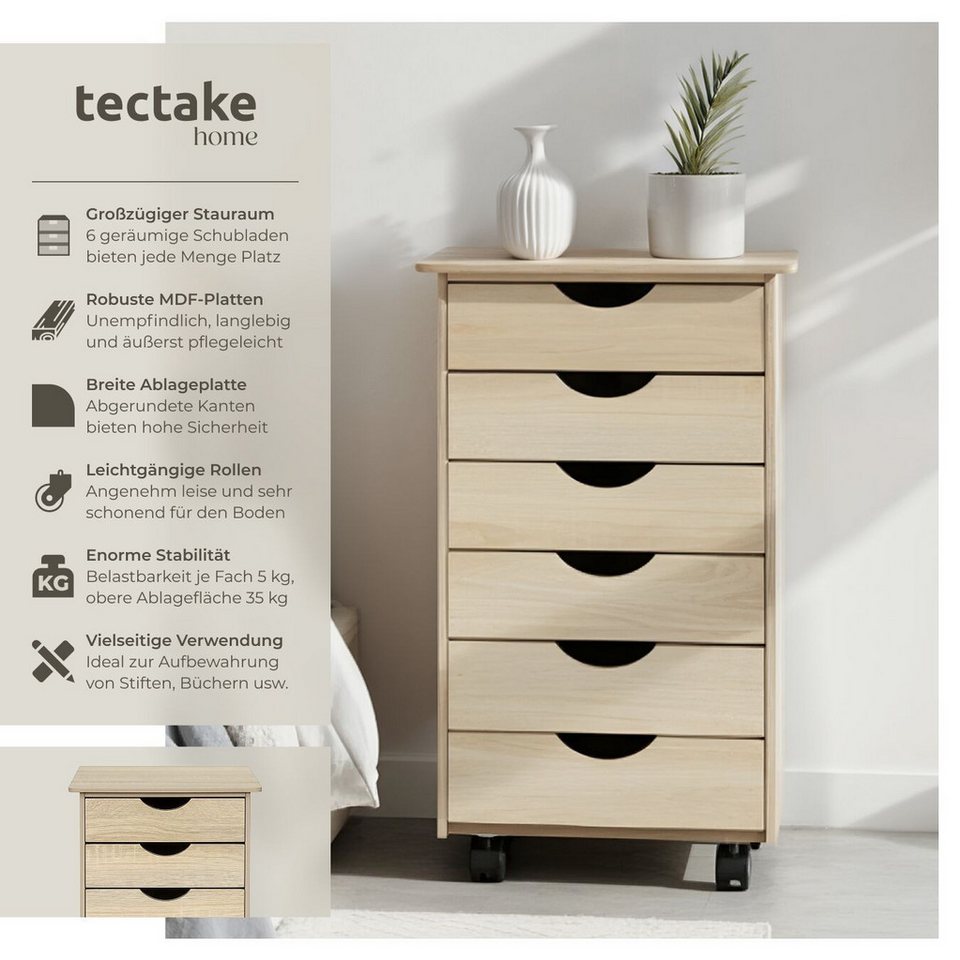 tectake Rollcontainer Schubladenschrank, einfache Montage, Maße 36 x 40 x 65 cm, aus Holz, (Schreibtisch Unterschrank, in Holz hell, Eiche Sonoma), 6 Schubl., 4 – Bild 2 von 5