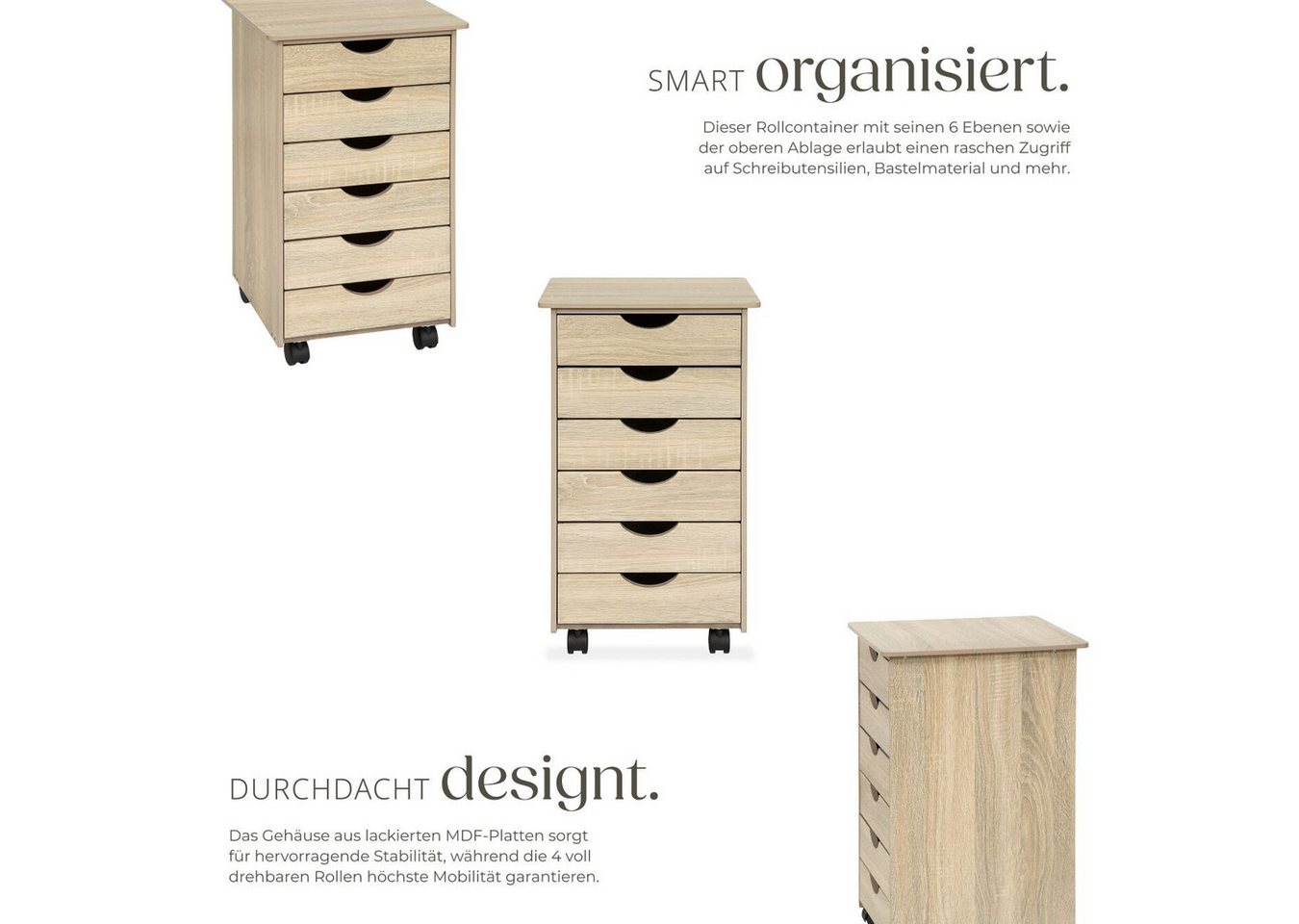 tectake Rollcontainer Schubladenschrank, einfache Montage, Maße 36 x 40 x 65 cm, aus Holz, (Schreibtisch Unterschrank, in Holz hell, Eiche Sonoma), 6 Schubl., 4 – Bild 3 von 5