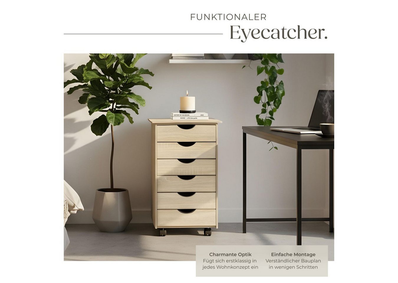 tectake Rollcontainer Schubladenschrank, einfache Montage, Maße 36 x 40 x 65 cm, aus Holz, (Schreibtisch Unterschrank, in Holz hell, Eiche Sonoma), 6 Schubl., 4 – Bild 4 von 5
