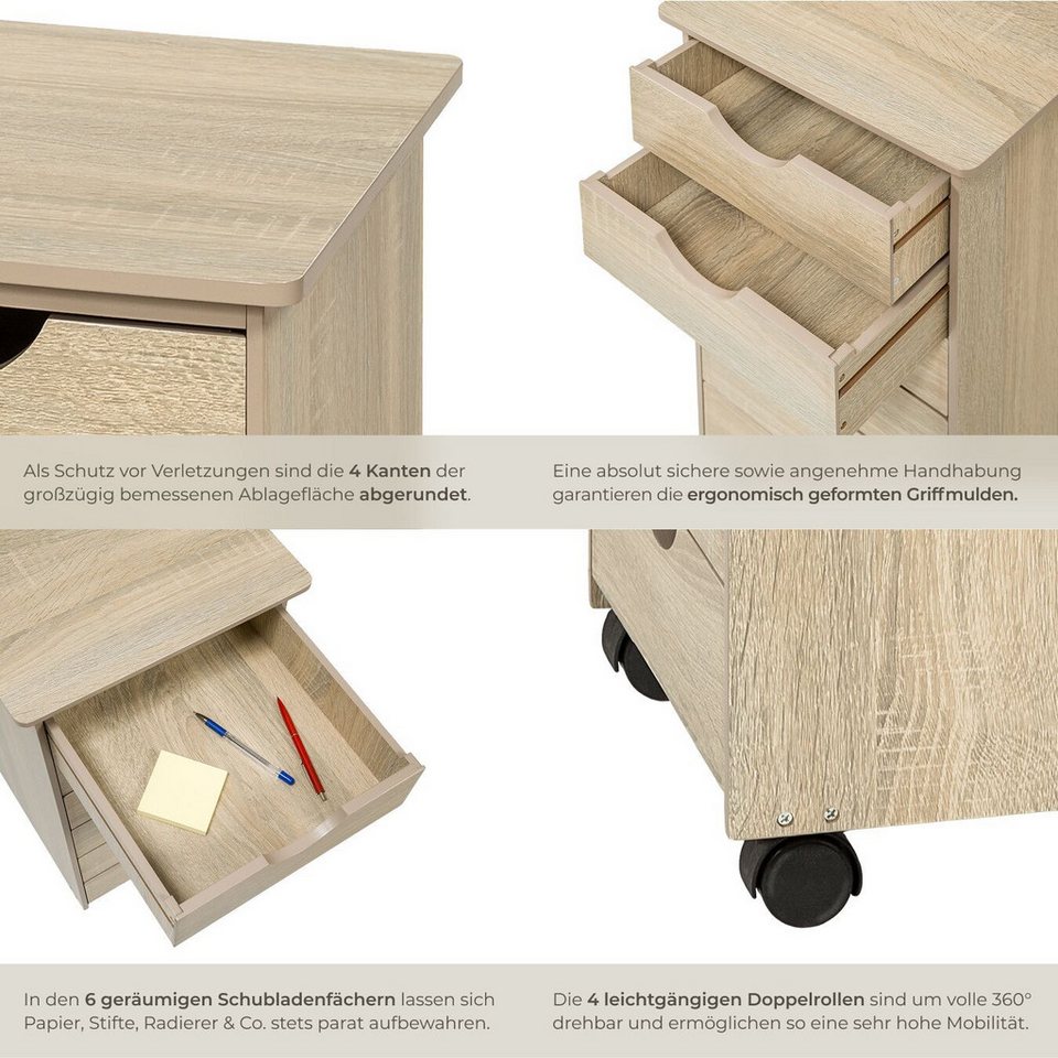 tectake Rollcontainer Schubladenschrank, einfache Montage, Maße 36 x 40 x 65 cm, aus Holz, (Schreibtisch Unterschrank, in Holz hell, Eiche Sonoma), 6 Schubl., 4 – Bild 5 von 5