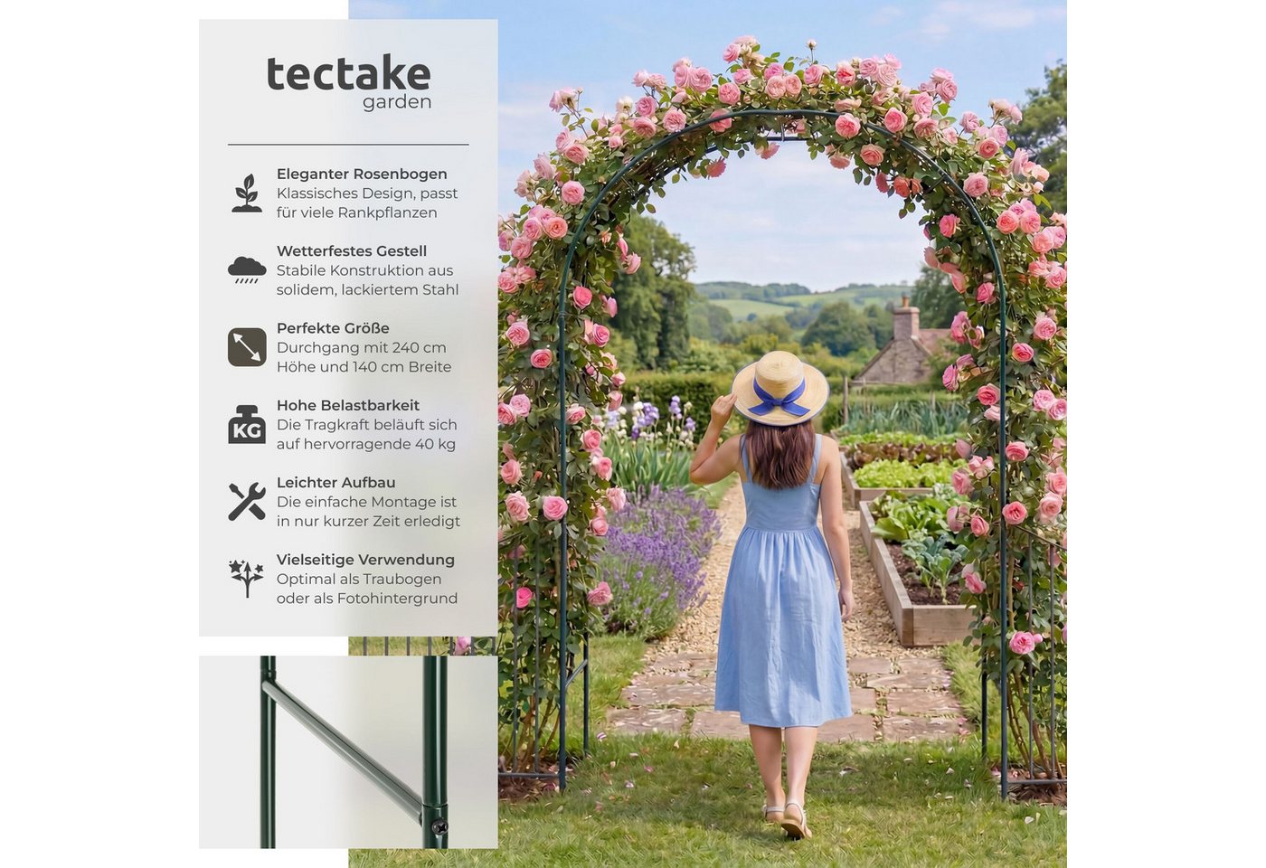 tectake Rosenbogen 4er-Set Rankhilfe, Maße 140 x 40 x 240 cm, gefertigt aus Stahl Gartenbogen, in grün, Wetterfeste Ausführung, bietet stabilen Halt und einfach – Bild 2 von 5