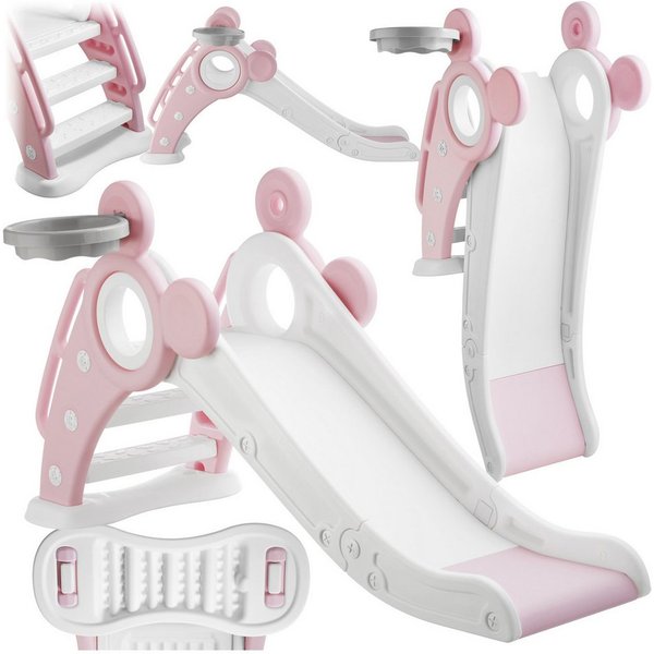 tectake Rutsche Kinderrutsche, Belastbarkeit 50 kg, Maße 128 x 66,5 x 67,5 cm, (Spielrutsche Joy, in pink), Ab 2 Jahren, Basketballkorb, rutschfeste Stufen, kla