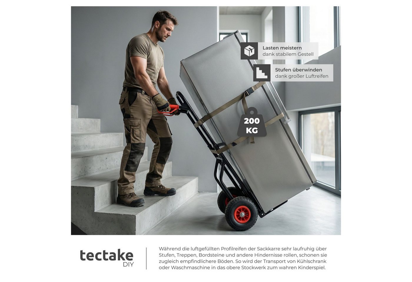 tectake Sackkarre Hubwagen, 200 kg belastbar, Stahlrahmen, Luftreifen, (Rollwagen Jürgen, in schwarz), Klappbare Ladeschaufel mit Radschutz, Sicherheitsgriffe a – Bild 3 von 5
