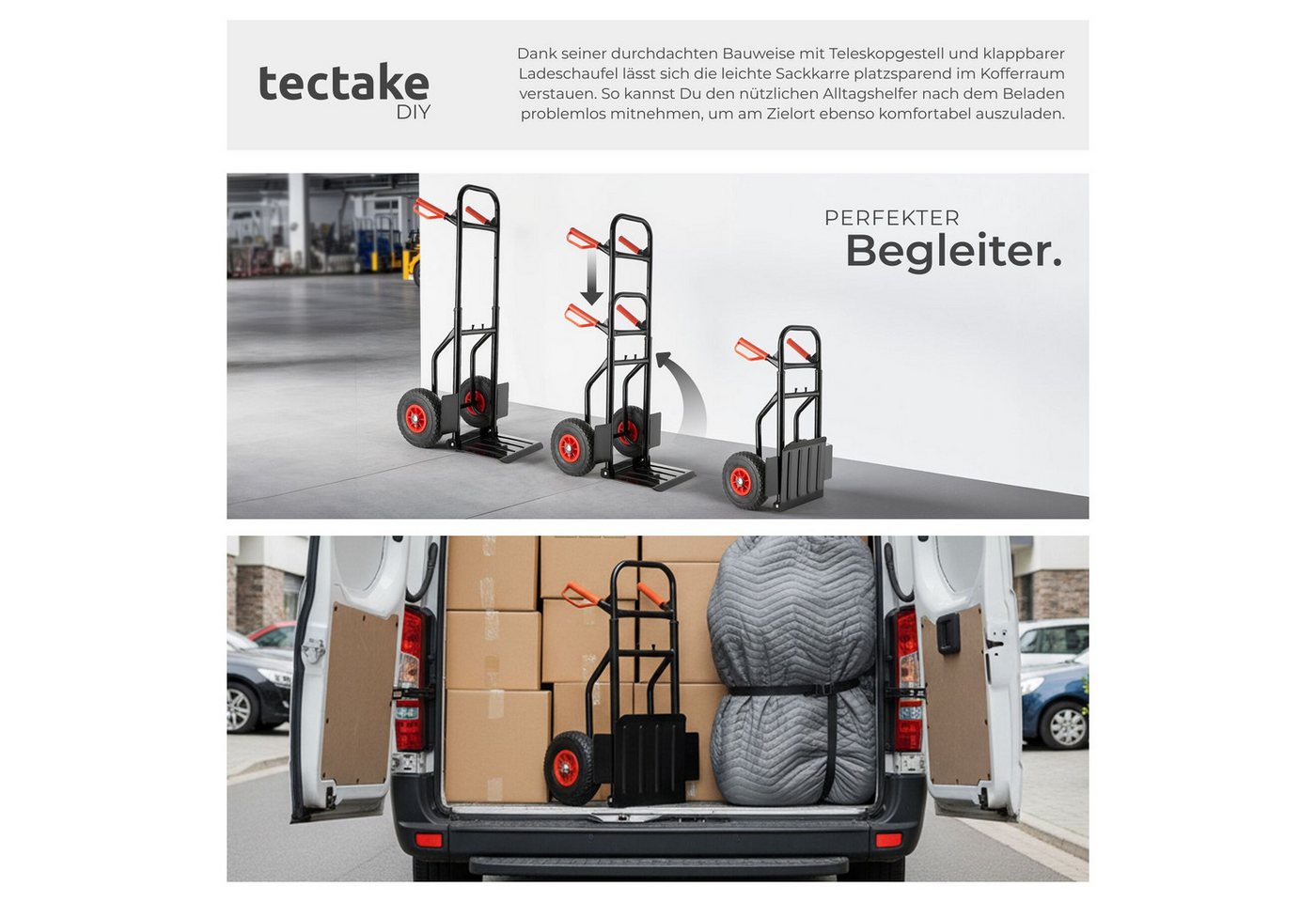 tectake Sackkarre Hubwagen, 200 kg belastbar, Stahlrahmen, Luftreifen, (Rollwagen Jürgen, in schwarz), Klappbare Ladeschaufel mit Radschutz, Sicherheitsgriffe a – Bild 4 von 5