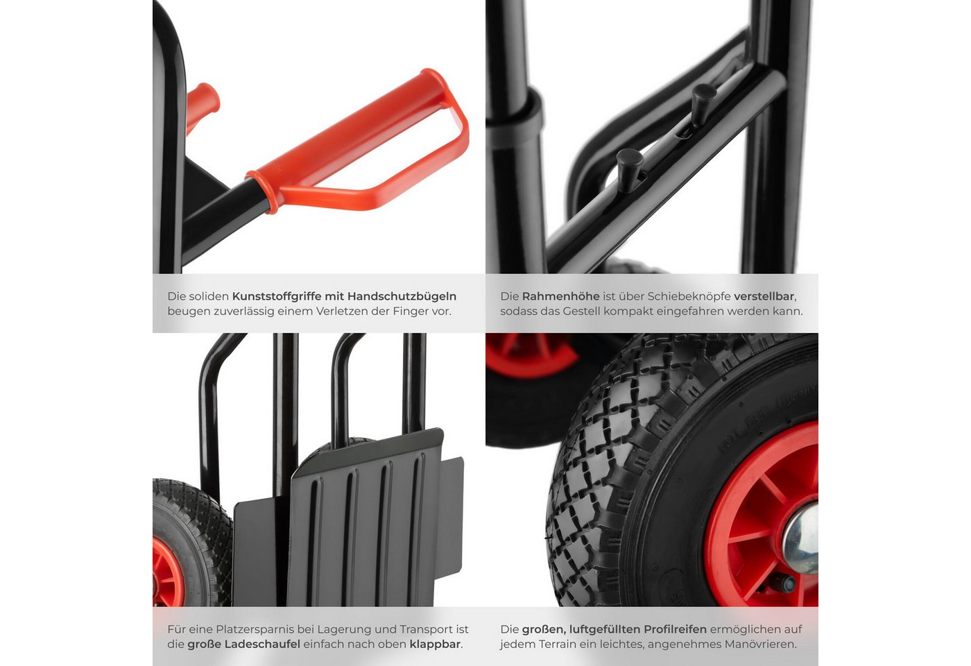 tectake Sackkarre Hubwagen, 200 kg belastbar, Stahlrahmen, Luftreifen, (Rollwagen Jürgen, in schwarz), Klappbare Ladeschaufel mit Radschutz, Sicherheitsgriffe a – Bild 5 von 5
