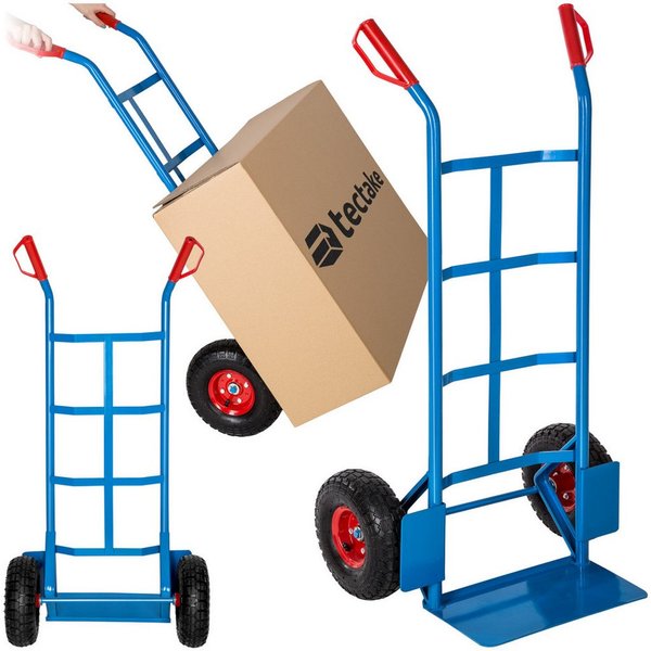 tectake Sackkarre Hubwagen, Belastbarkeit 200 kg, Stahlrahmen und Luftbereifung, (Rollwagen, in blau), Ladeschaufel mit Radschutz, Sicherheitsgriffe aus Kunstst