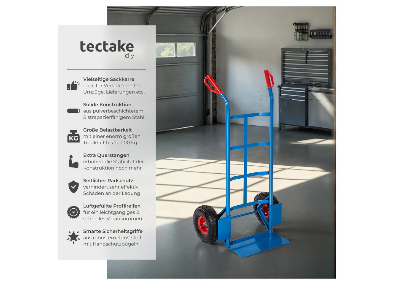 tectake Sackkarre Hubwagen, Belastbarkeit 200 kg, Stahlrahmen und Luftbereifung, (Rollwagen, in blau), Ladeschaufel mit Radschutz, Sicherheitsgriffe aus Kunstst – Bild 2 von 5