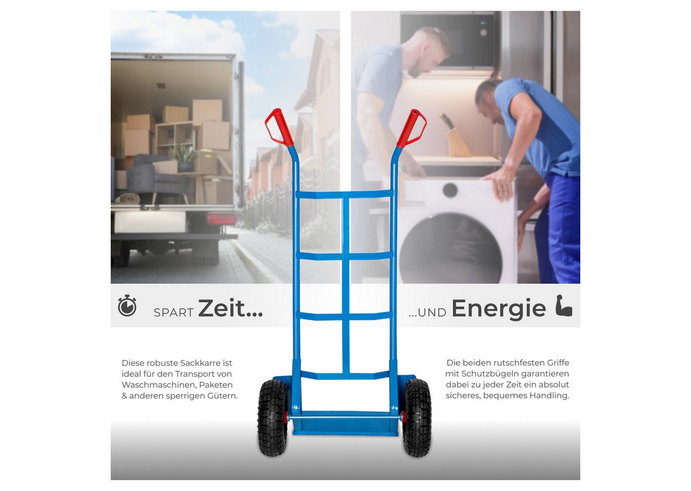 tectake Sackkarre Hubwagen, Belastbarkeit 200 kg, Stahlrahmen und Luftbereifung, (Rollwagen, in blau), Ladeschaufel mit Radschutz, Sicherheitsgriffe aus Kunstst – Bild 3 von 5