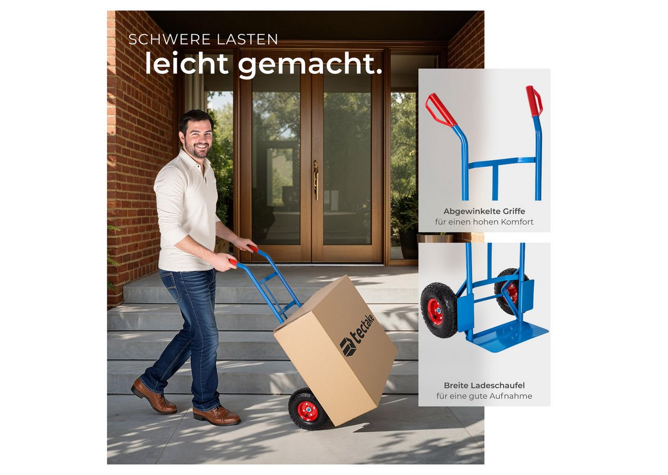 tectake Sackkarre Hubwagen, Belastbarkeit 200 kg, Stahlrahmen und Luftbereifung, (Rollwagen, in blau), Ladeschaufel mit Radschutz, Sicherheitsgriffe aus Kunstst – Bild 4 von 5