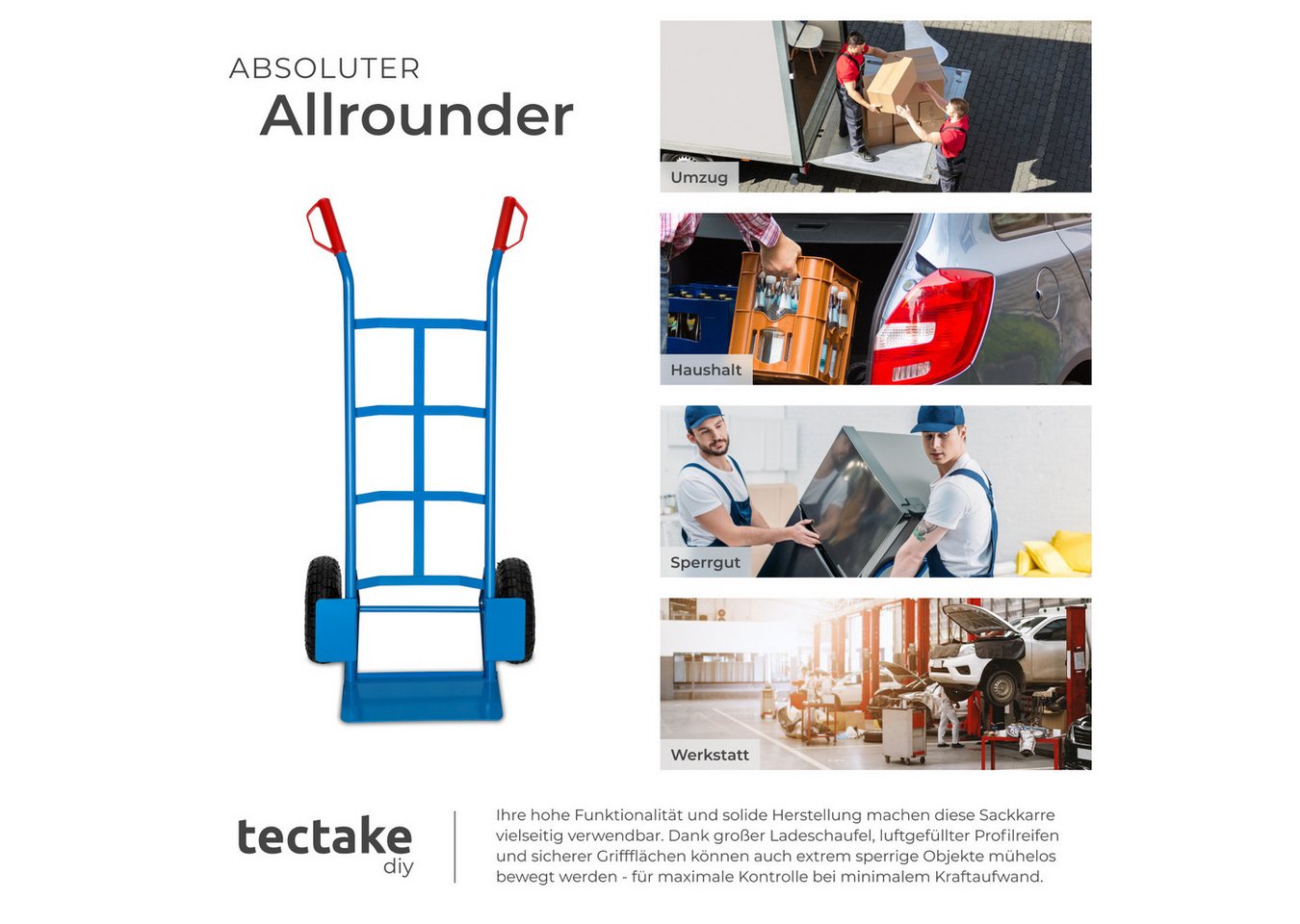 tectake Sackkarre Hubwagen, Belastbarkeit 200 kg, Stahlrahmen und Luftbereifung, (Rollwagen, in blau), Ladeschaufel mit Radschutz, Sicherheitsgriffe aus Kunstst – Bild 5 von 5