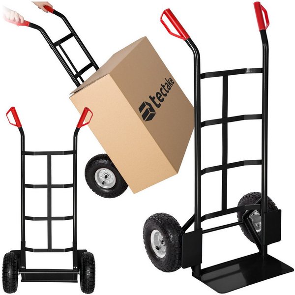tectake Sackkarre Transportroller mit Stahlrahmen und Luftbereifung, 200 kg belastbar, (Rollwagen, in schwarz), mit Ladeschaufel samt Radschutz, Sicherheitsgrif