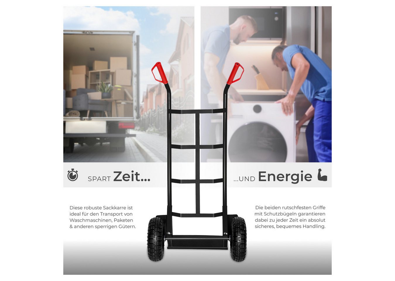 tectake Sackkarre Transportroller mit Stahlrahmen und Luftbereifung, 200 kg belastbar, (Rollwagen, in schwarz), mit Ladeschaufel samt Radschutz, Sicherheitsgrif – Bild 3 von 5