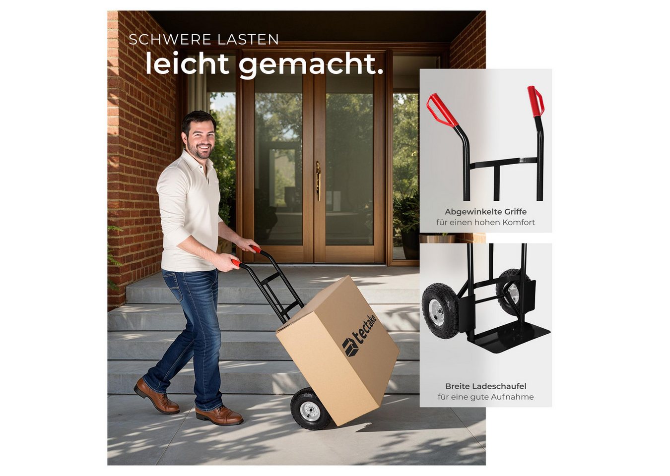 tectake Sackkarre Transportroller mit Stahlrahmen und Luftbereifung, 200 kg belastbar, (Rollwagen, in schwarz), mit Ladeschaufel samt Radschutz, Sicherheitsgrif – Bild 4 von 5