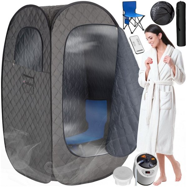 tectake Sauna Mobile Dampfsauna: Fernbed., Matte, Klappstuhl, Taschen, faltbar, (Heimsauna ThermaLuxe I, in dunkelgrau/schwarz) 2l/1000W, 15 Stufen, Timer, 2 Fä