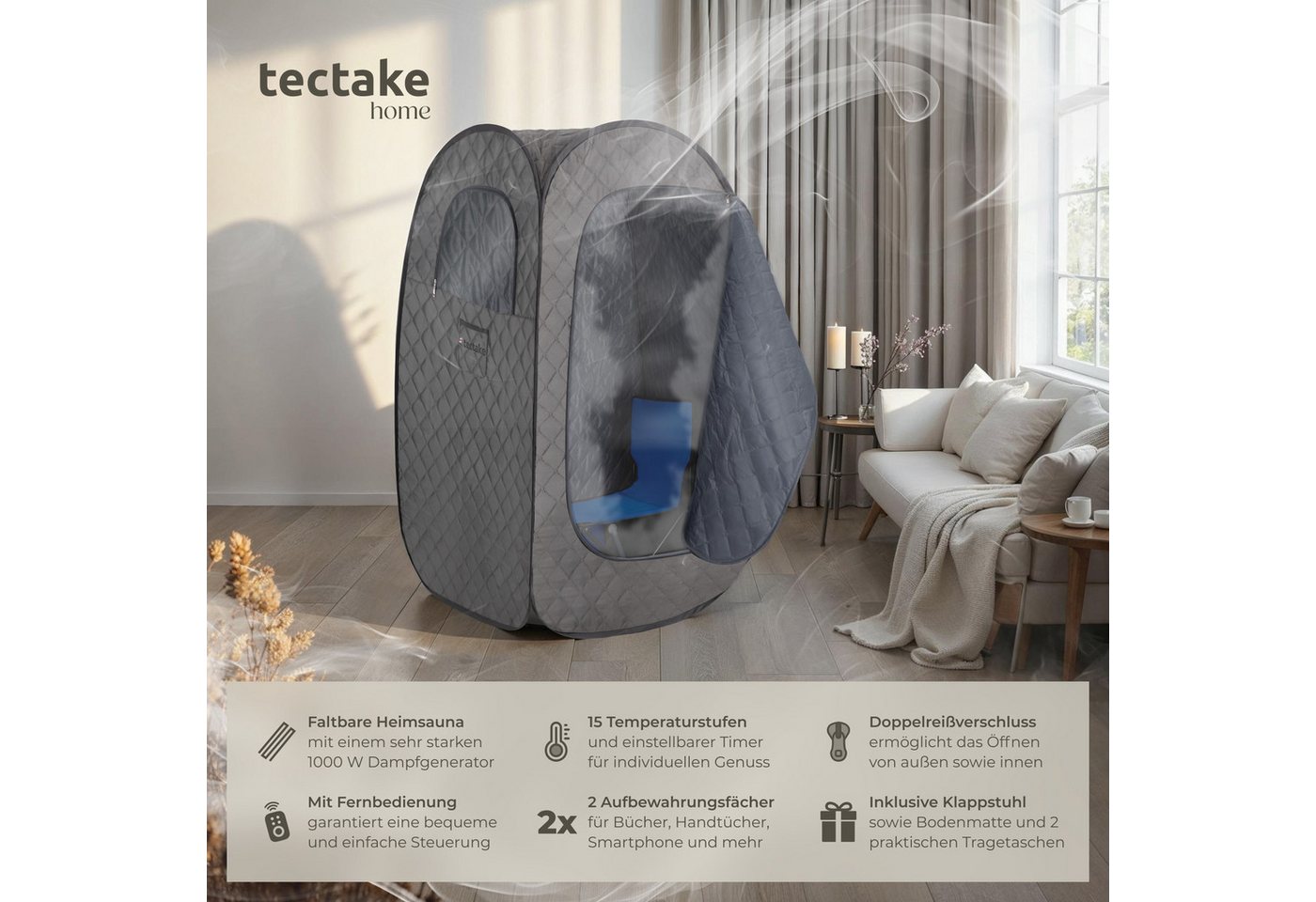 tectake Sauna Mobile Dampfsauna: Fernbed., Matte, Klappstuhl, Taschen, faltbar, (Heimsauna ThermaLuxe I, in dunkelgrau/schwarz) 2l/1000W, 15 Stufen, Timer, 2 Fä – Bild 2 von 5