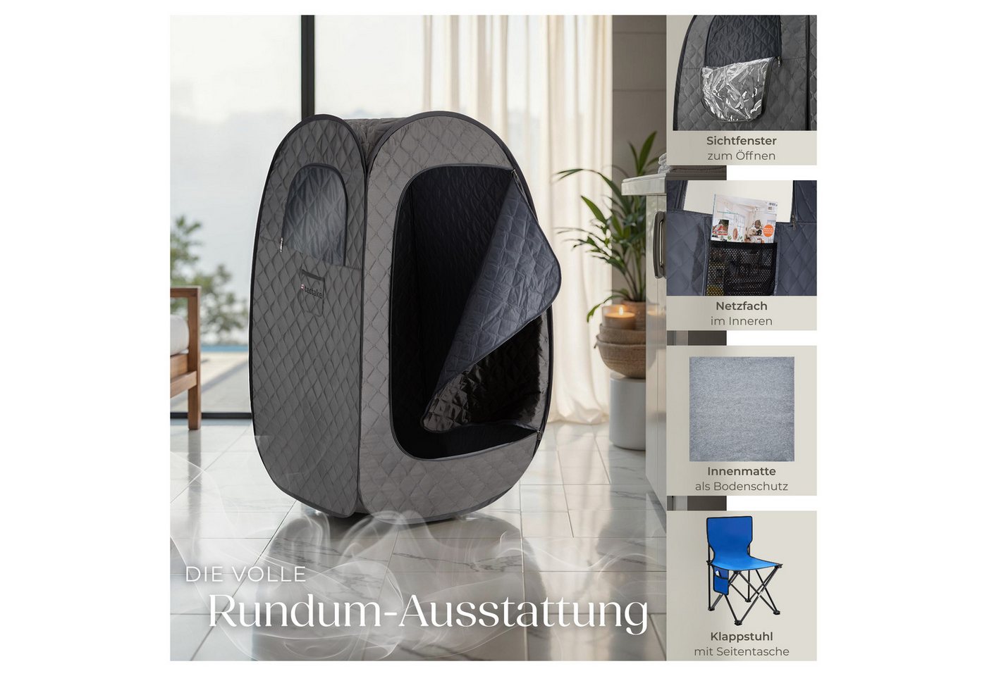 tectake Sauna Mobile Dampfsauna: Fernbed., Matte, Klappstuhl, Taschen, faltbar, (Heimsauna ThermaLuxe I, in dunkelgrau/schwarz) 2l/1000W, 15 Stufen, Timer, 2 Fä – Bild 3 von 5