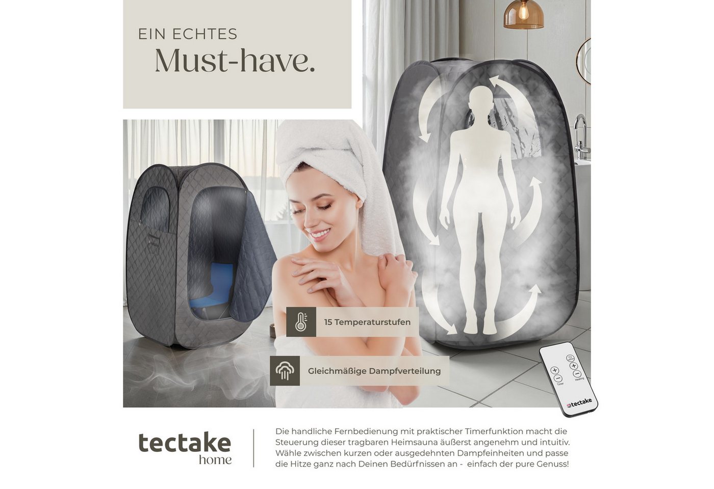 tectake Sauna Mobile Dampfsauna: Fernbed., Matte, Klappstuhl, Taschen, faltbar, (Heimsauna ThermaLuxe I, in dunkelgrau/schwarz) 2l/1000W, 15 Stufen, Timer, 2 Fä – Bild 4 von 5