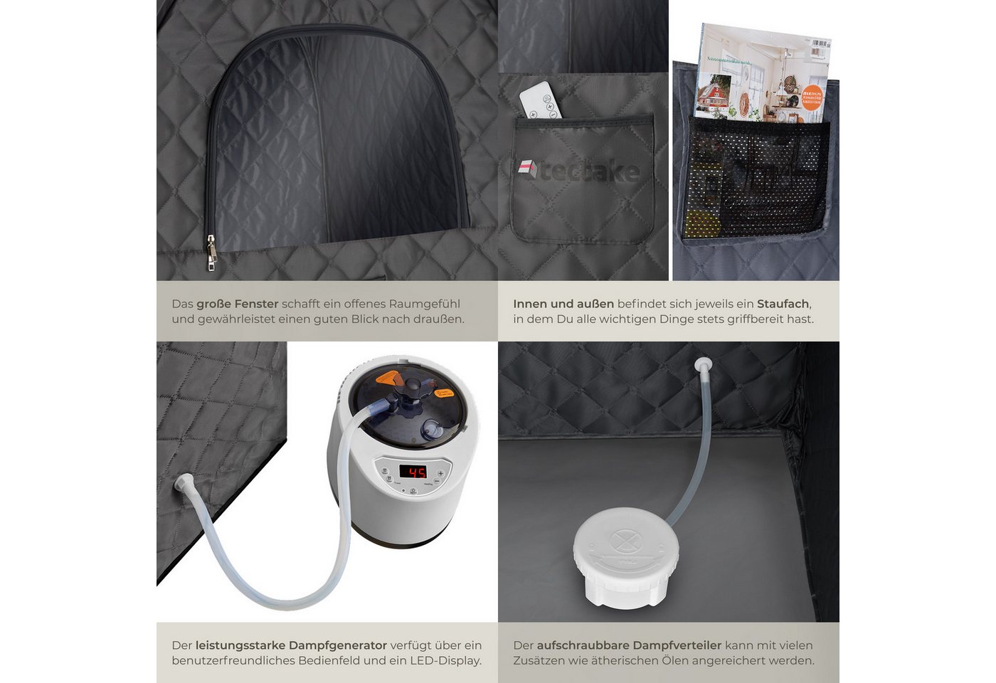 tectake Sauna Mobile Dampfsauna: Fernbed., Matte, Klappstuhl, Taschen, faltbar, (Heimsauna ThermaLuxe I, in dunkelgrau/schwarz) 2l/1000W, 15 Stufen, Timer, 2 Fä – Bild 5 von 5