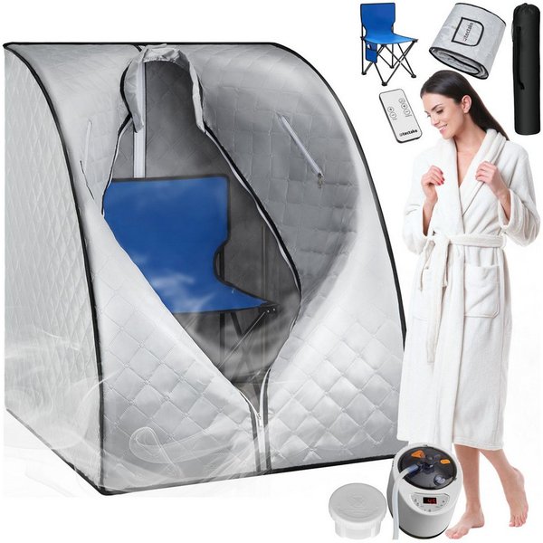 tectake Sauna Mobile Dampfsauna: Fernbed., Matte, Klappstuhl, Tasche, Stecksystem, (Heimsauna ThermaLuxe II, in grau/blau) 2l/1000W, 15 Stufen, Timer, Fach, Dop