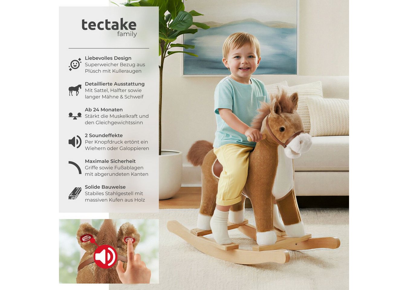 tectake Schaukelpferd Schaukeltier, weicher Plüschbezug breite Griffe und Fußablage, braun, hochwertiges Design, mit 2 Soundeffekten, ab 24 Monaten geeignet – Bild 2 von 5