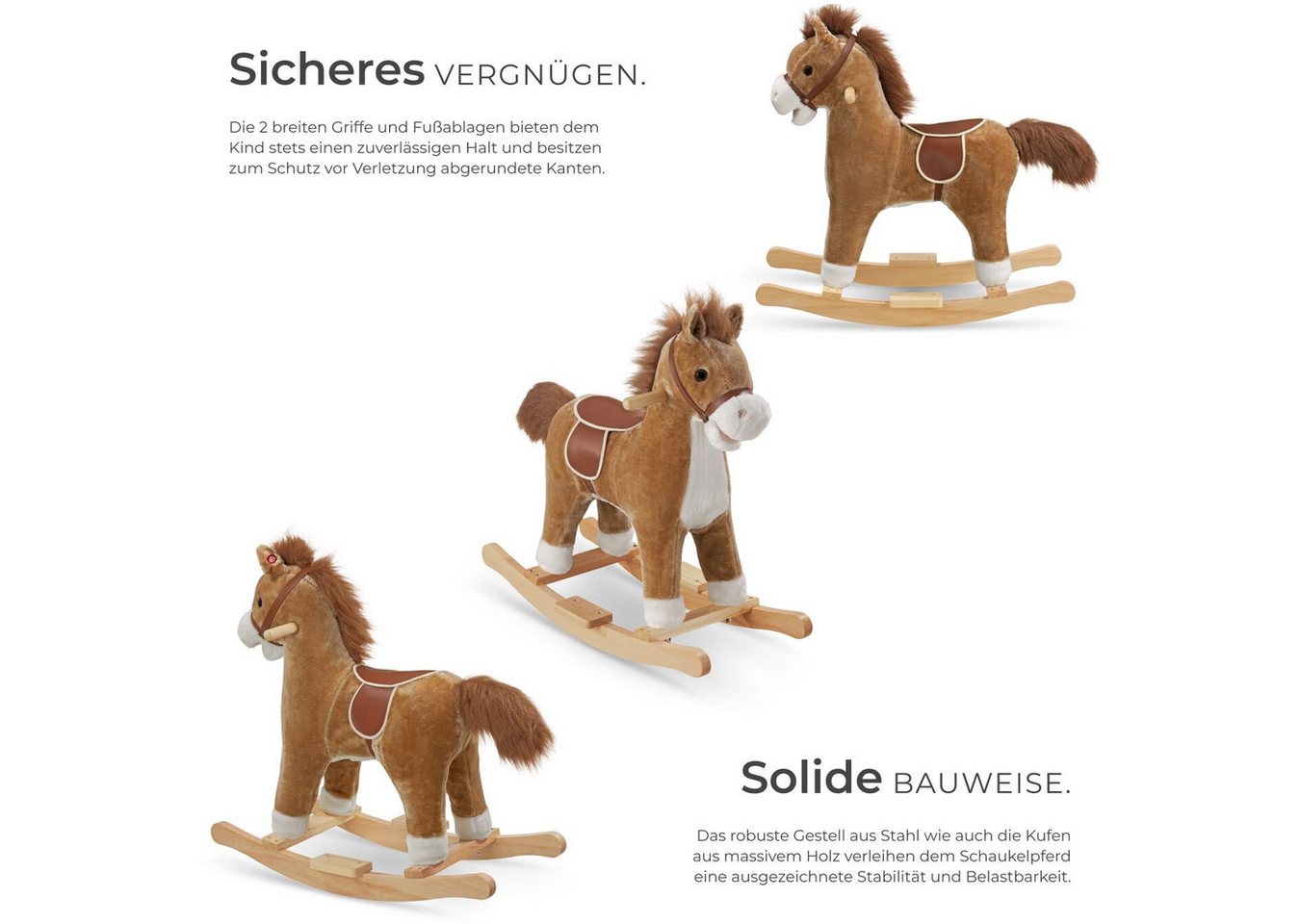 tectake Schaukelpferd Schaukeltier, weicher Plüschbezug breite Griffe und Fußablage, braun, hochwertiges Design, mit 2 Soundeffekten, ab 24 Monaten geeignet – Bild 3 von 5