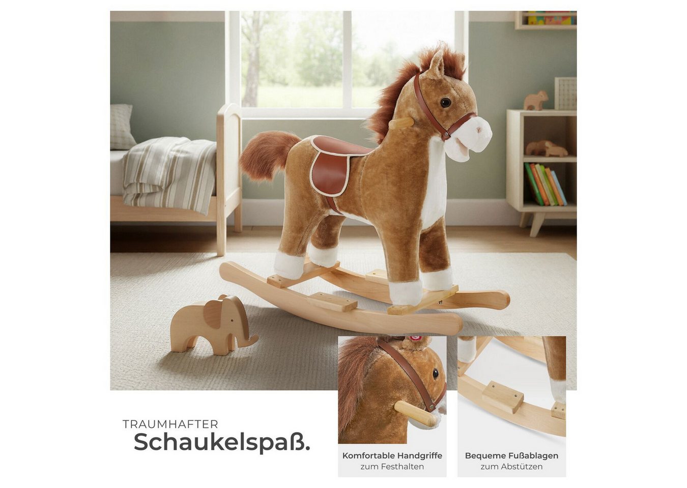 tectake Schaukelpferd Schaukeltier, weicher Plüschbezug breite Griffe und Fußablage, braun, hochwertiges Design, mit 2 Soundeffekten, ab 24 Monaten geeignet – Bild 4 von 5