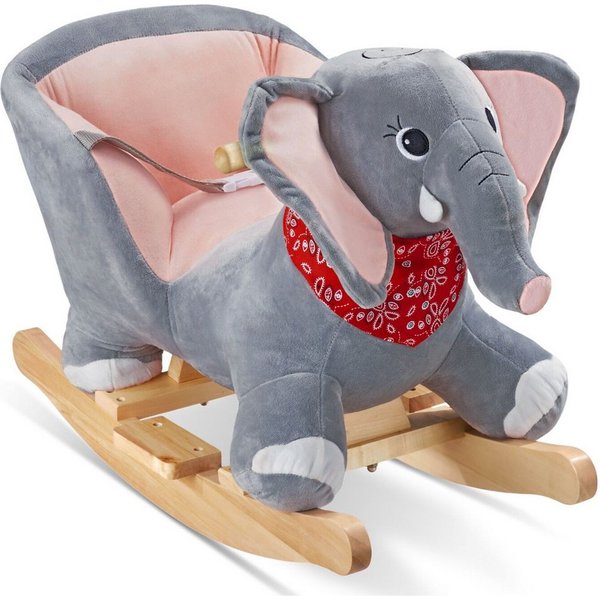 tectake Schaukelpferd Schaukeltier Elefant, weicher Plüschbezug, mit Sicherheitsgurt, grau, hochwertiges Design, mit Soundeffekt, ab 12 Monaten geeignet