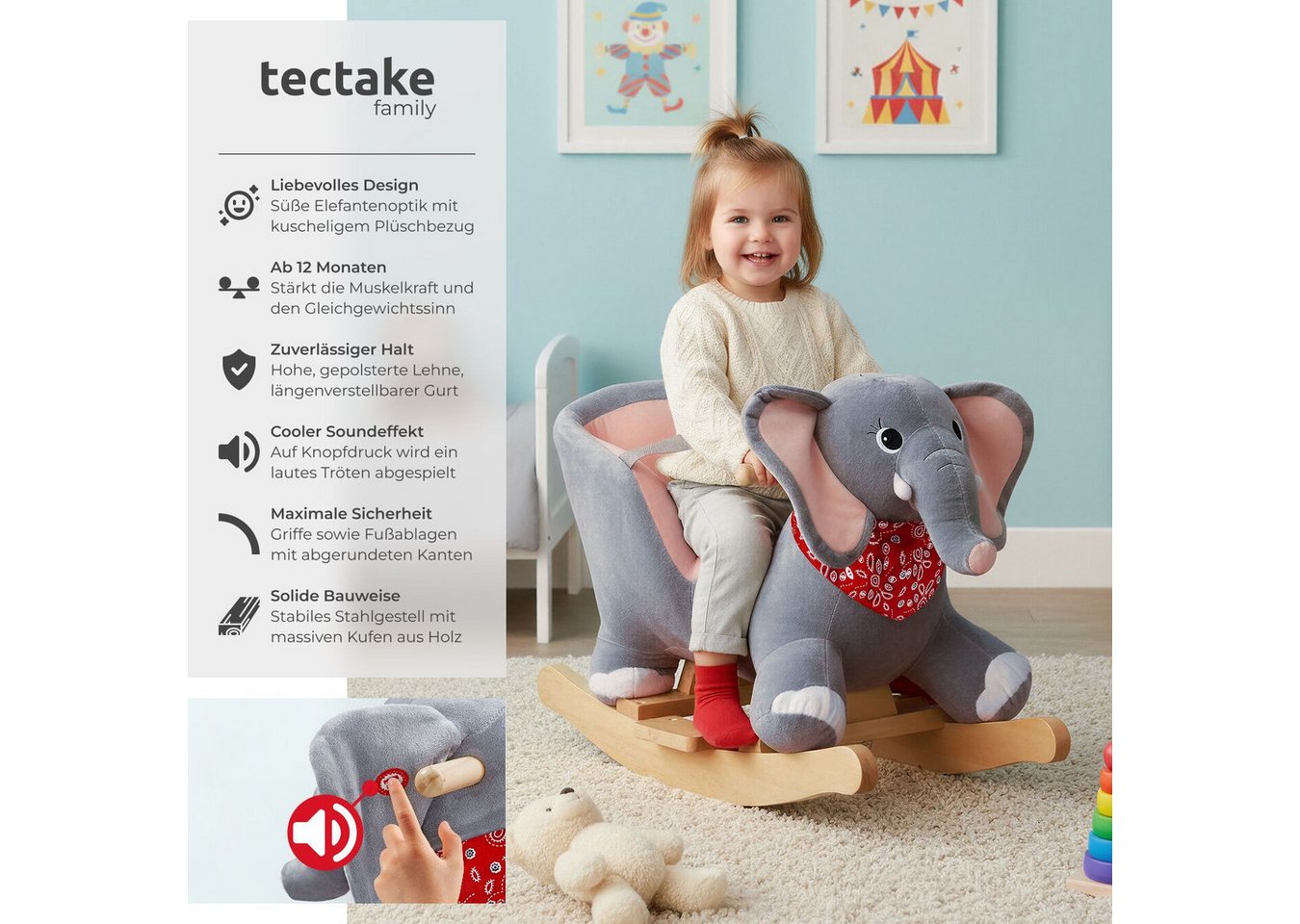 tectake Schaukelpferd Schaukeltier Elefant, weicher Plüschbezug, mit Sicherheitsgurt, grau, hochwertiges Design, mit Soundeffekt, ab 12 Monaten geeignet – Bild 2 von 5