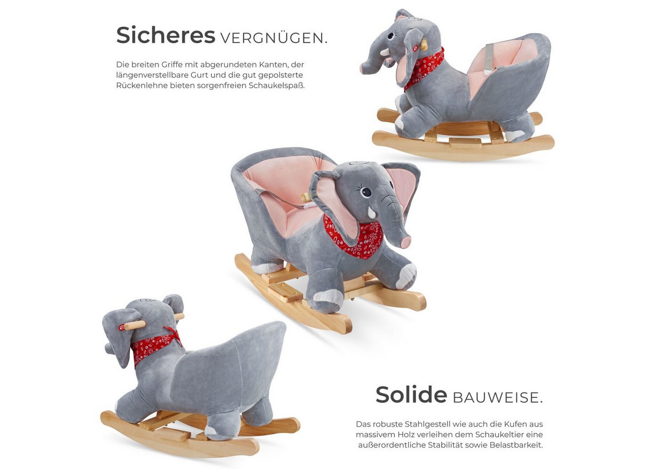 tectake Schaukelpferd Schaukeltier Elefant, weicher Plüschbezug, mit Sicherheitsgurt, grau, hochwertiges Design, mit Soundeffekt, ab 12 Monaten geeignet – Bild 3 von 5
