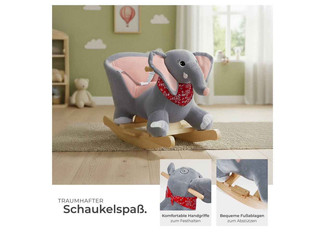 tectake Schaukelpferd Schaukeltier Elefant, weicher Plüschbezug, mit Sicherheitsgurt, grau, hochwertiges Design, mit Soundeffekt, ab 12 Monaten geeignet – Bild 4 von 5