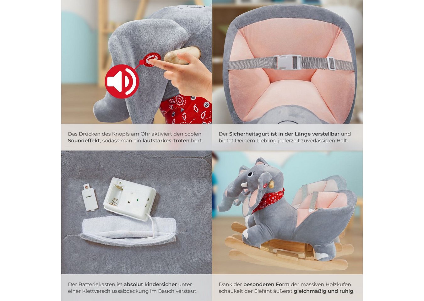 tectake Schaukelpferd Schaukeltier Elefant, weicher Plüschbezug, mit Sicherheitsgurt, grau, hochwertiges Design, mit Soundeffekt, ab 12 Monaten geeignet – Bild 5 von 5
