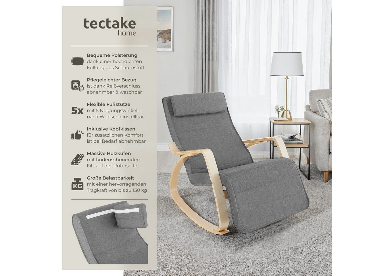 tectake Schaukelstuhl Freischwinger mit Armlehnen, Belastbarkeit 150 kg, 67 x 115 x 86 cm (Schwingstuhl Onda, 1 St), Robuste Konstruktion mit großer Tragkraft – Bild 2 von 5