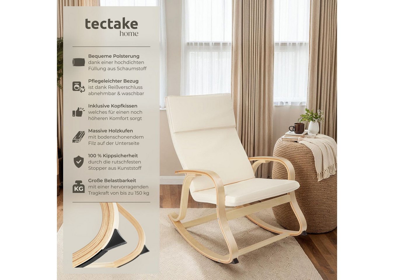 tectake Schaukelstuhl Sessel mit Armlehnen, Belastbarkeit 150 kg, 65 x 94 x 100 cm (Schwingstuhl Roca, 1 St), Geschwungenes Gestell aus massivem Birkenholz – Bild 2 von 5