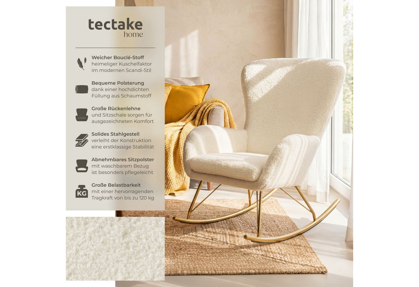 tectake Schaukelstuhl Sessel mit dicker Polsterung, Belastbarkeit 120 kg, 70 x 93 x 100 cm (Wippstuhl Swing, 1 St), Abnehmbares, extradickes Sitzpolster mit was – Bild 2 von 5