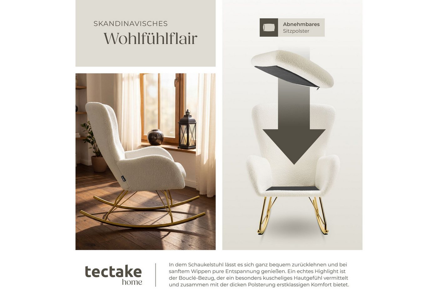 tectake Schaukelstuhl Sessel mit dicker Polsterung, Belastbarkeit 120 kg, 70 x 93 x 100 cm (Wippstuhl Swing, 1 St), Abnehmbares, extradickes Sitzpolster mit was – Bild 5 von 5