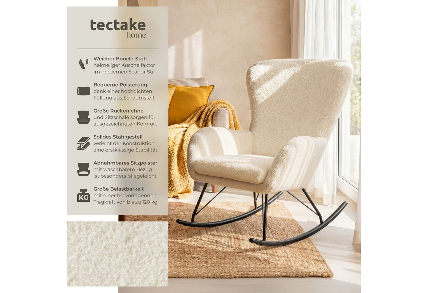 tectake Schaukelstuhl Sessel mit dicker Polsterung, Belastbarkeit 120 kg, 70 x 93 x 100 cm (Wippstuhl Swing, 1 St), Abnehmbares, extradickes Sitzpolster mit was – Bild 2 von 5