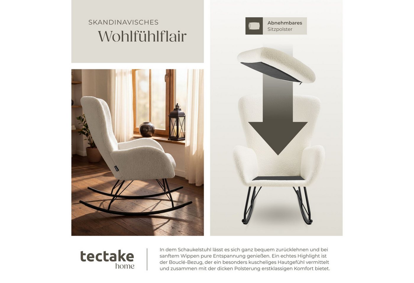 tectake Schaukelstuhl Sessel mit dicker Polsterung, Belastbarkeit 120 kg, 70 x 93 x 100 cm (Wippstuhl Swing, 1 St), Abnehmbares, extradickes Sitzpolster mit was – Bild 5 von 5