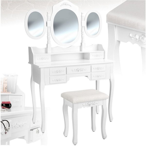 tectake Schminktisch Kosmetiktisch mit gepolstertem Hocker, 90 x 40 x 145 cm (Frisiertisch, 1-St., Antik-Look in weiß), 3 schwenkbare Spiegel, 7 Schubladen, pfl