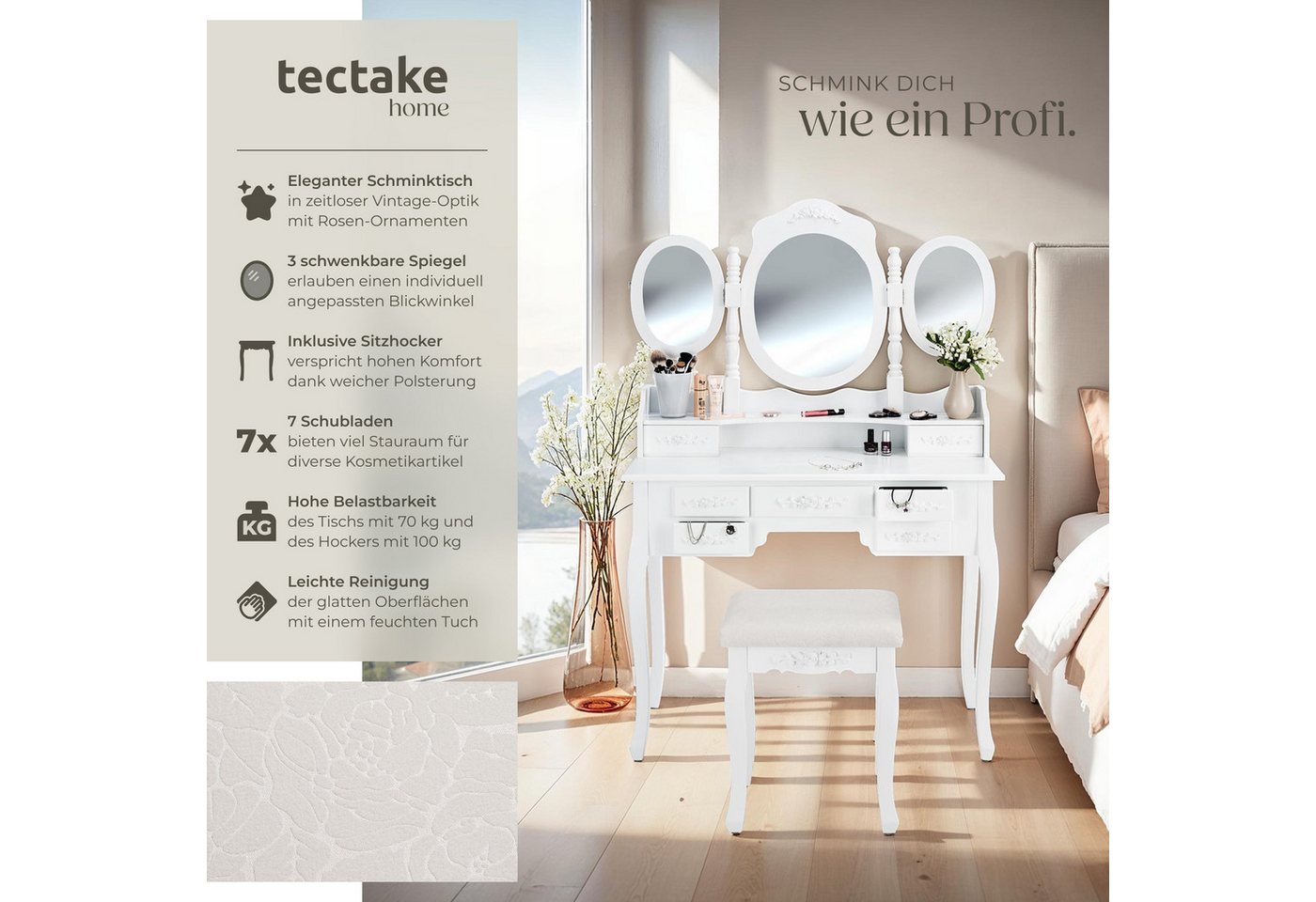 tectake Schminktisch Kosmetiktisch mit gepolstertem Hocker, 90 x 40 x 145 cm (Frisiertisch, 1-St., Antik-Look in weiß), 3 schwenkbare Spiegel, 7 Schubladen, pfl – Bild 2 von 5