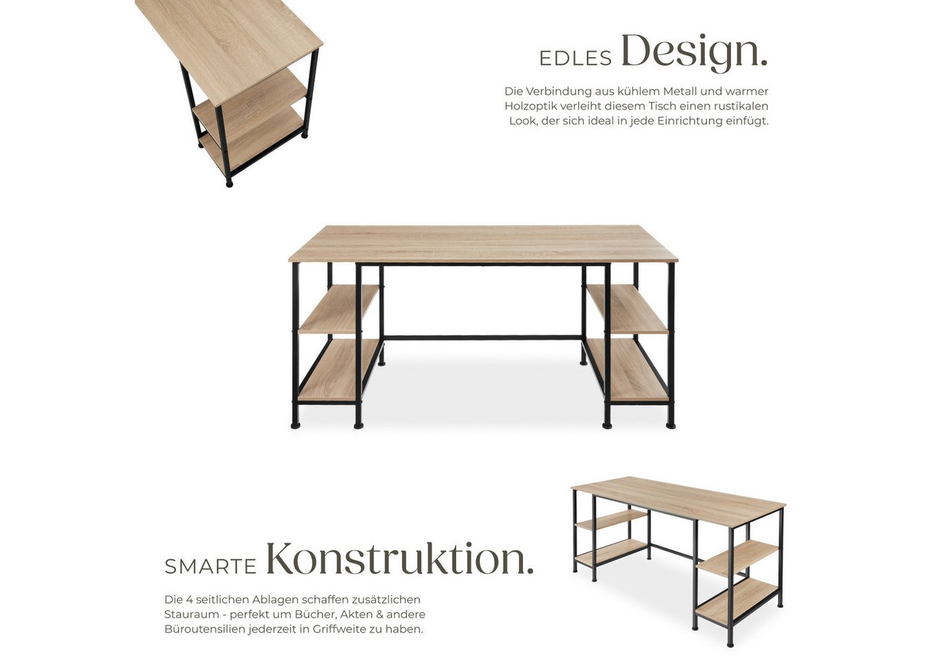 tectake Schreibtisch Computertisch mit höhenverstellbaren Kunststofffüßen, 137 x 55 x 75 (Arbeitstisch Stoke, 1-St., in Industrial Holz hell, Eiche Sonoma), Hol – Bild 3 von 5