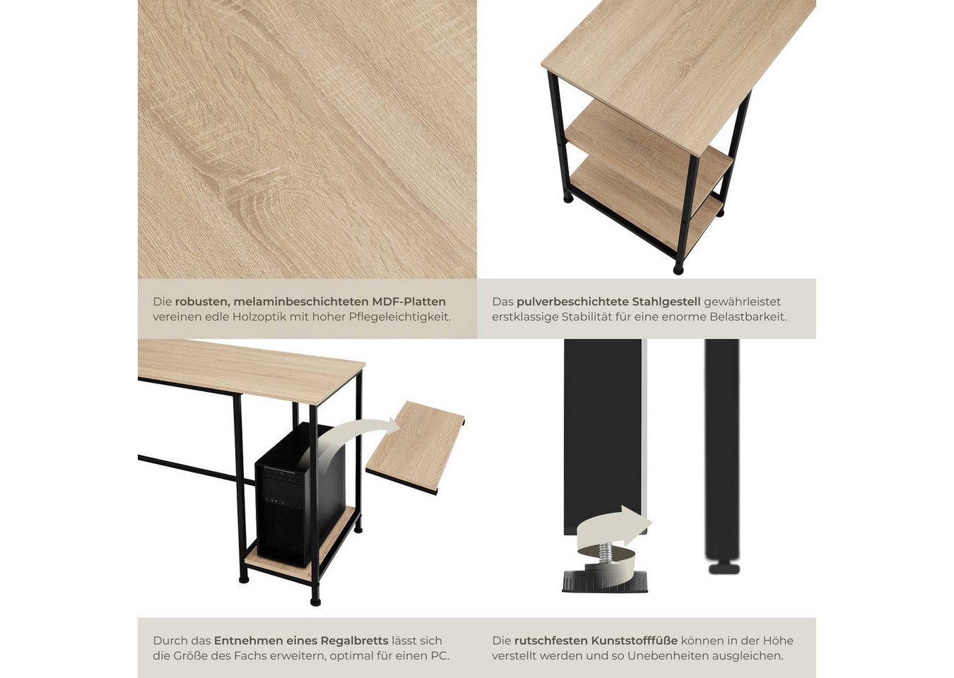 tectake Schreibtisch Computertisch mit höhenverstellbaren Kunststofffüßen, 137 x 55 x 75 (Arbeitstisch Stoke, 1-St., in Industrial Holz hell, Eiche Sonoma), Hol – Bild 4 von 5