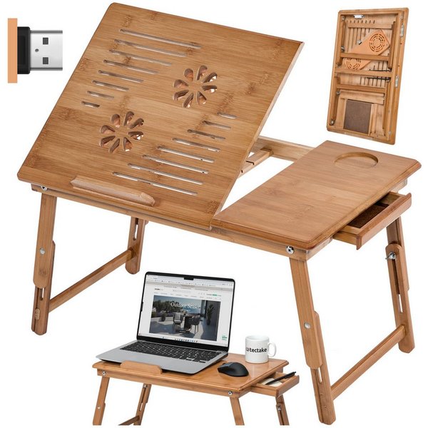 tectake Schreibtisch Laptoptisch inklusive Schublade und Abstellfläche, 55 x 35 x 26 cm (Betttisch Kerstin, 1-St., aus Bambus in braun), klappbar und höhenverst