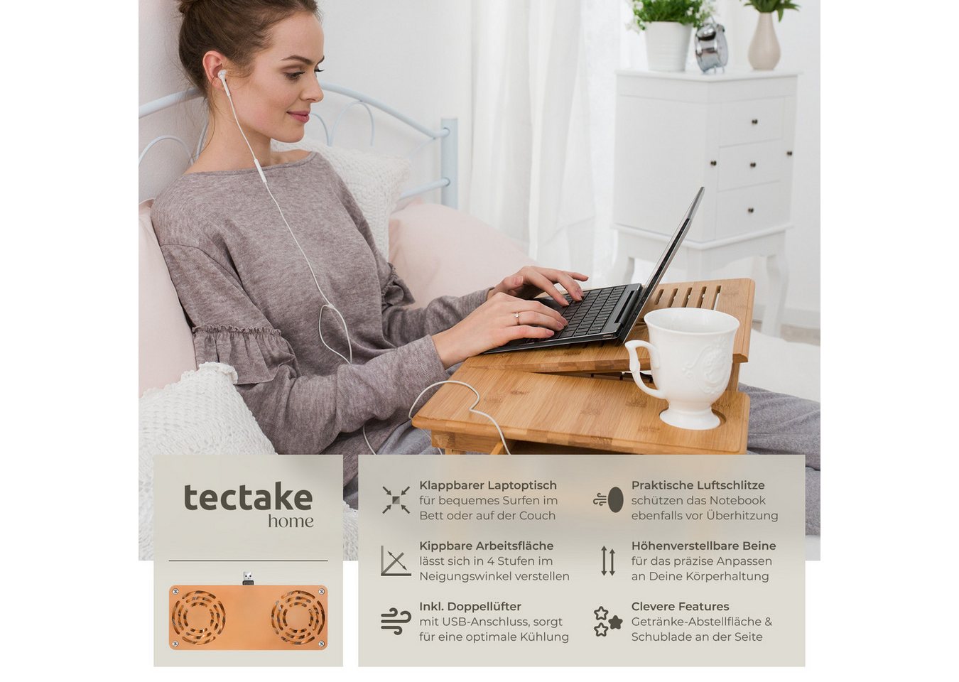 tectake Schreibtisch Laptoptisch inklusive Schublade und Abstellfläche, 55 x 35 x 26 cm (Betttisch Kerstin, 1-St., aus Bambus in braun), klappbar und höhenverst – Bild 2 von 5