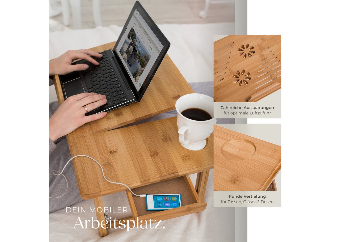 tectake Schreibtisch Laptoptisch inklusive Schublade und Abstellfläche, 55 x 35 x 26 cm (Betttisch Kerstin, 1-St., aus Bambus in braun), klappbar und höhenverst – Bild 3 von 5