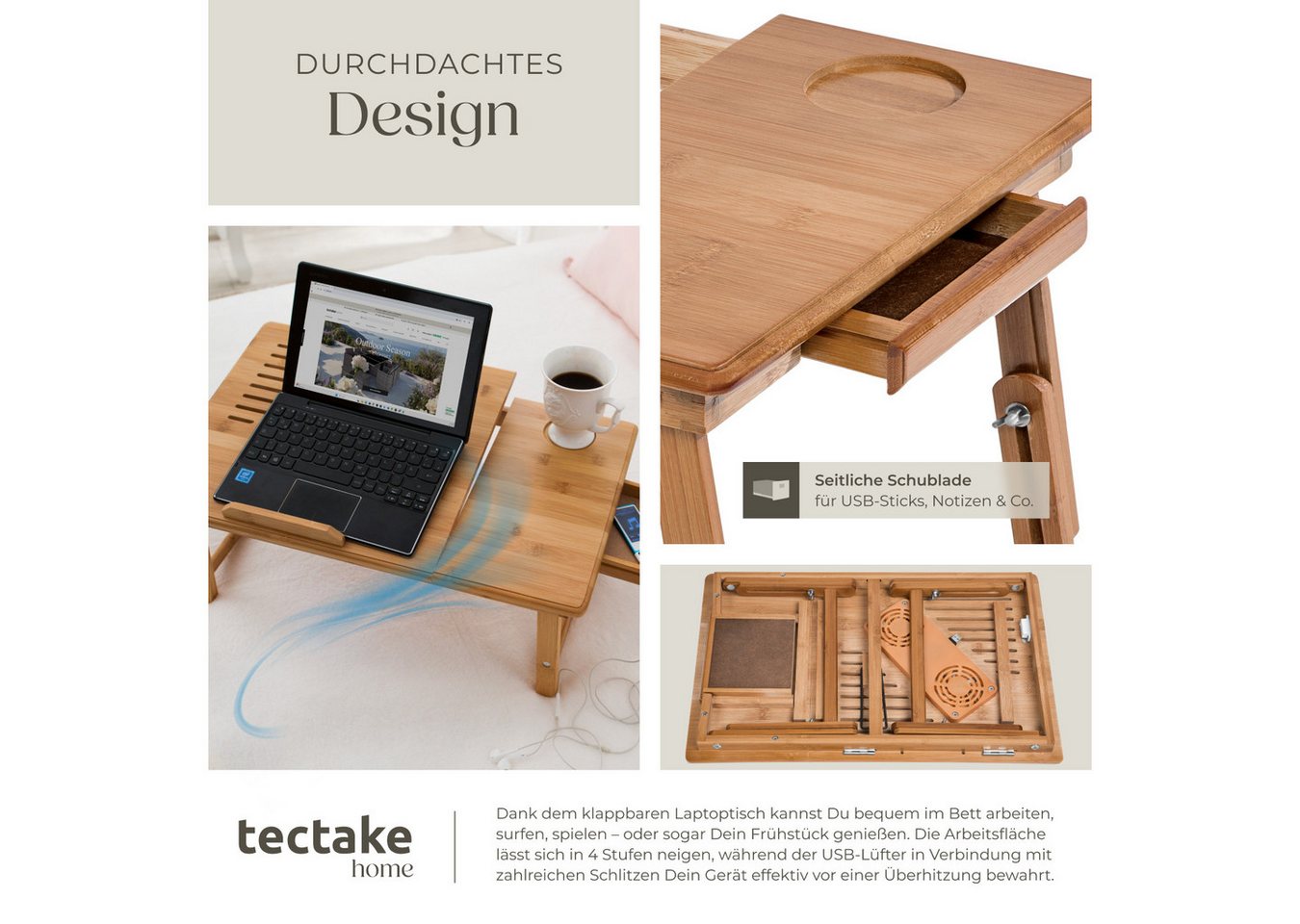 tectake Schreibtisch Laptoptisch inklusive Schublade und Abstellfläche, 55 x 35 x 26 cm (Betttisch Kerstin, 1-St., aus Bambus in braun), klappbar und höhenverst – Bild 4 von 5